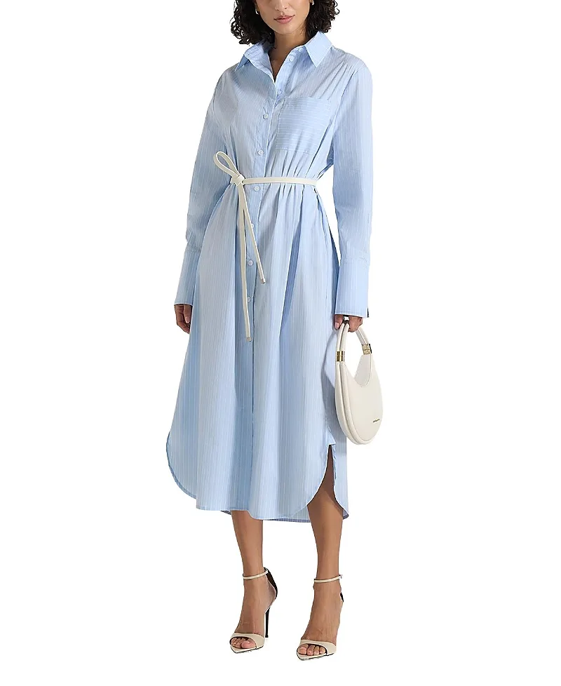Isa Belted Pinstripe Cotton Midi Shirt Dress