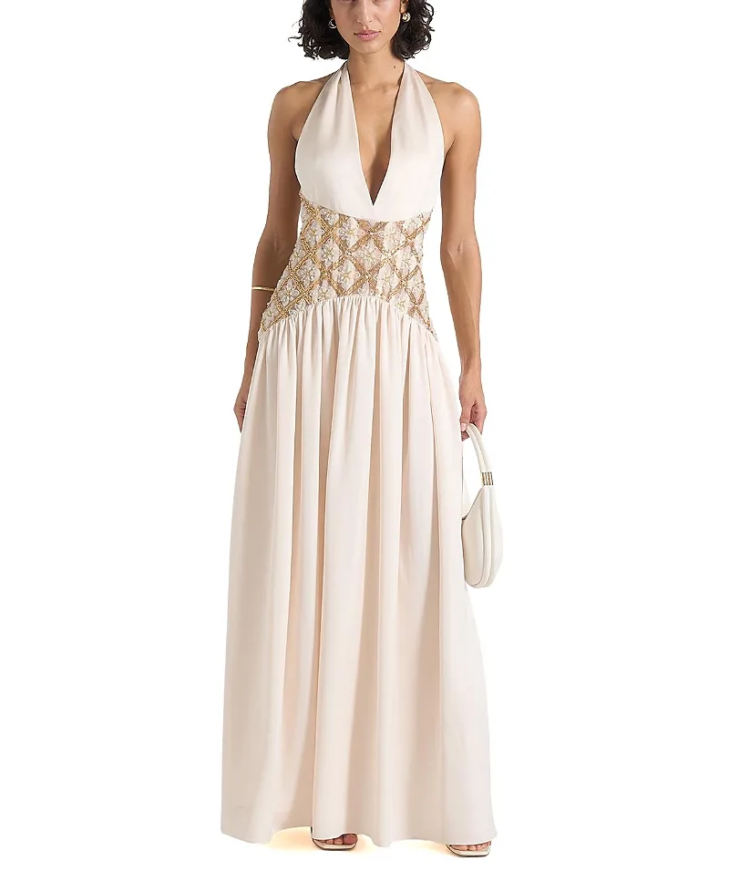 Ava Halterneck Embellished Corset Gathered Maxi Dress by Maniere De Voir