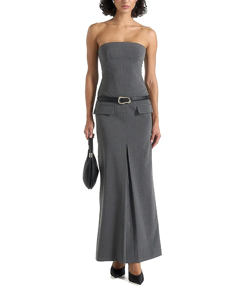 Tabitha Tailored Pinstripe Bandeau Belted Maxi Dress by Maniere De Voir