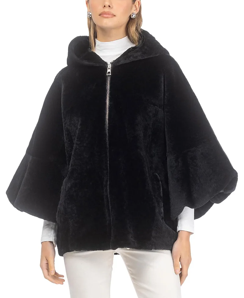 Textured Shearling Lamb Zip Jacket with Hood and Cropped Sleeves by Gorski