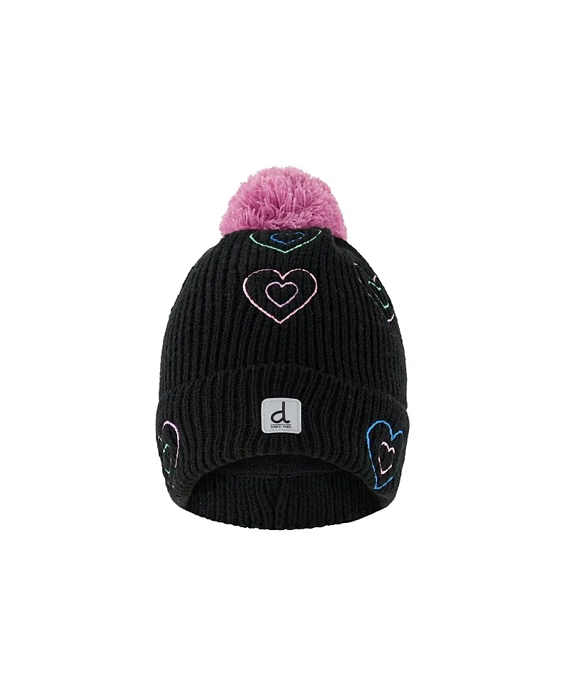 Winter Embroidered Heart Fleece-Lined Pompom Knit Hat by Deux Par Deux