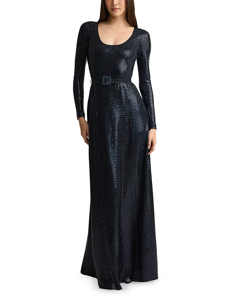 Belted Deep Scoop Neck Metallic Gown by St. John