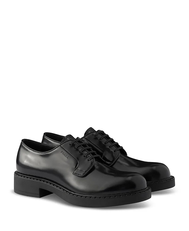 Chocolate Brushed Leather Derby Shoes by Prada