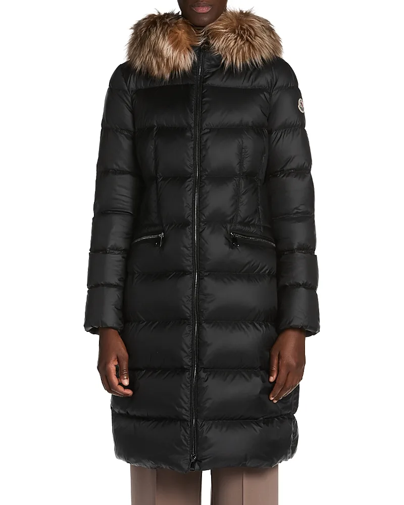 Boedic Hooded Shearling Trimmed Long Down Jacket by Moncler