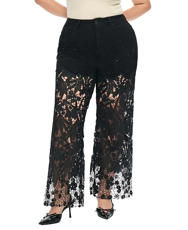 Embroidery Wide Leg Lace Jeans with Rhinestone