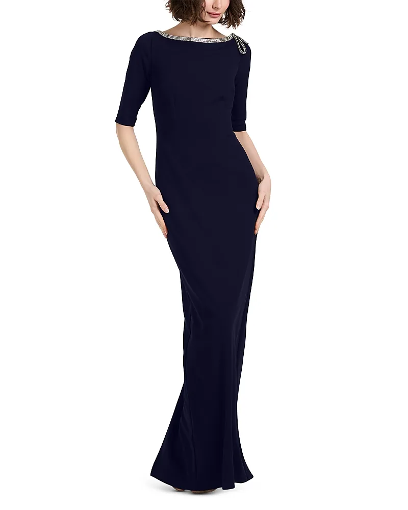 Stretch Crepe Elbow Sleeve Embellished Gown by Emily Shalant