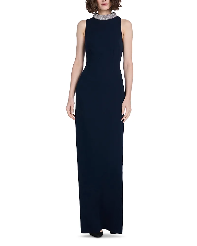Braided Crystal Mock Neck Stretch Crepe Gown