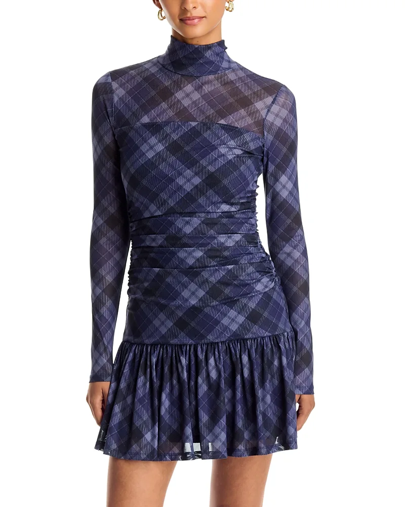 Plaid Mesh Gathered Mini Dress by AQUA