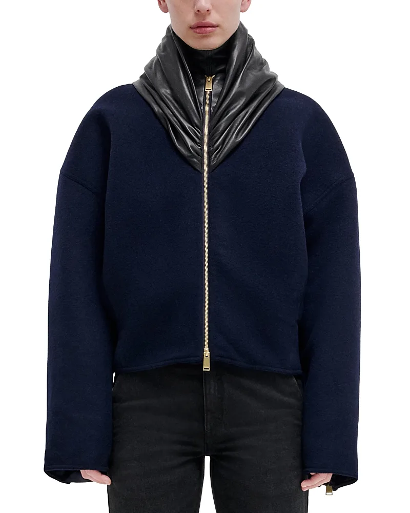 Cashmere Wool Leather Fold Collar Bomber Jacket by Darkpark