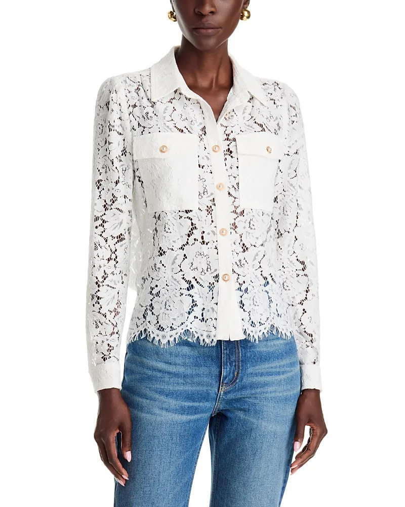 Lace Faux Pearl Button Front Top