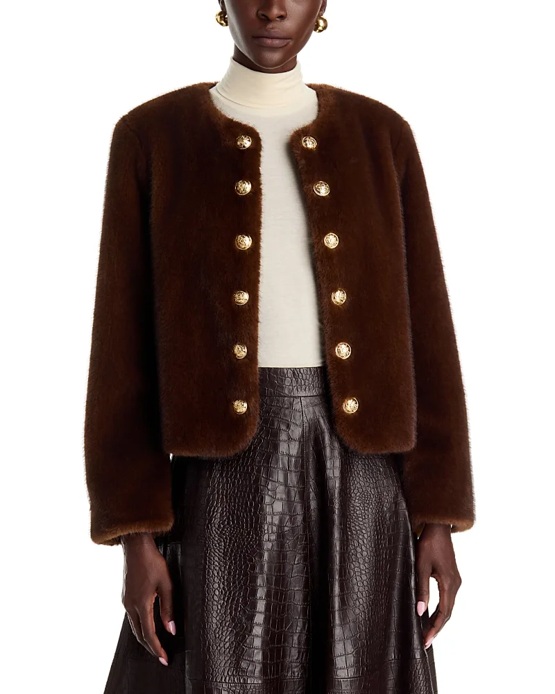Faux Fur Collarless Gold Tone Button Jacket by Dolce Cabo