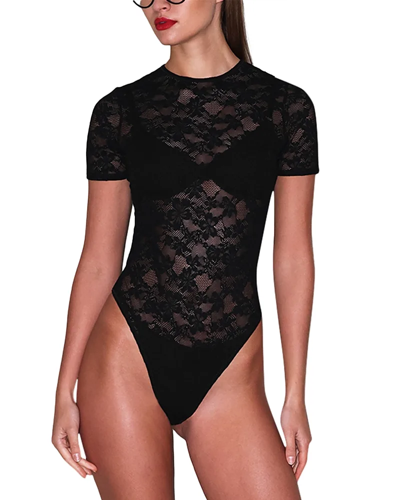 Le Stretch Lace Short Sleeve Bodysuit by Fleur Du Mal