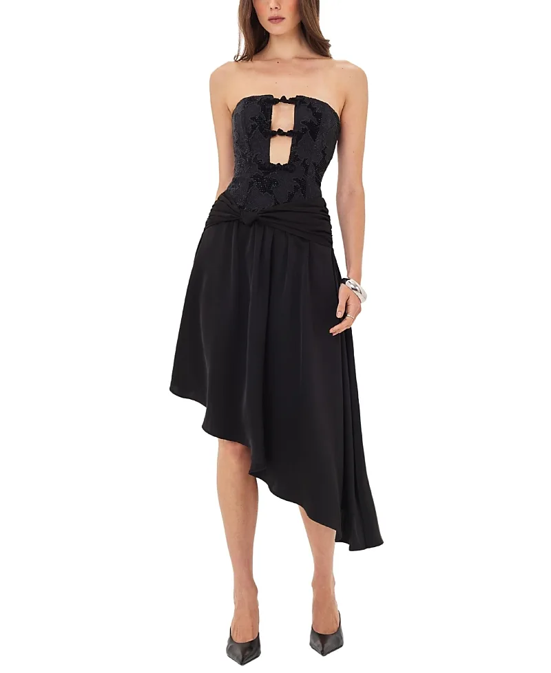 Yoseline Velvet Lace Cutout Asymmetrical Satin Midi Dress by Miss Circle