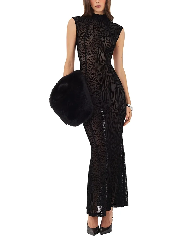 Tyanna Backless Burnout Velvet Mesh Mermaid Maxi Dress by Miss Circle