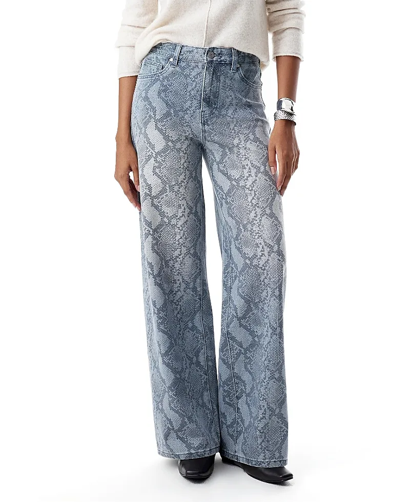 Snakeskin Print High Rise Wide Leg Denim Jeans Stretch Comfortable Wear by Bayeas