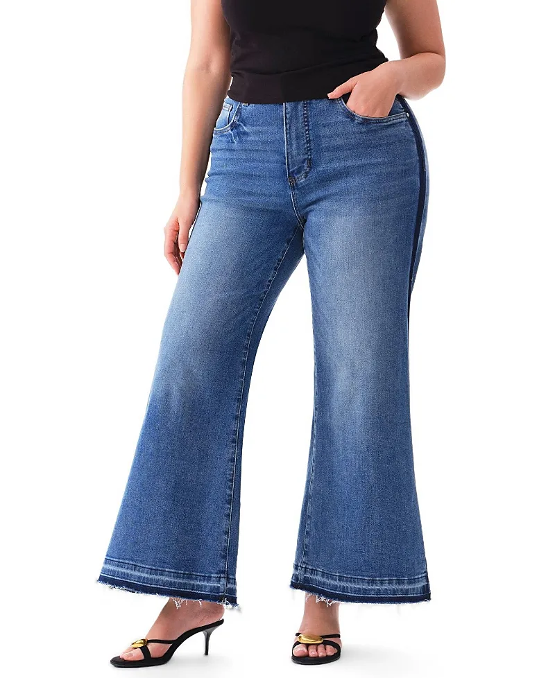 Mid Rise Wide Leg Frayed Hem Denim Jeans with Two-Tone Splice by Bayeas