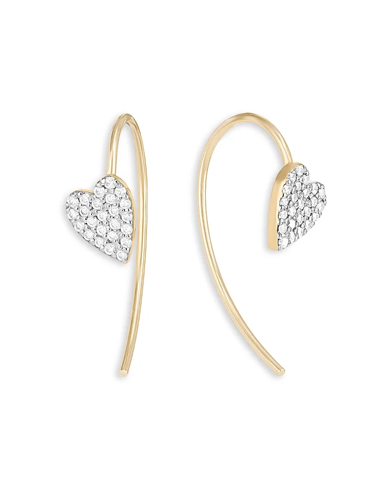14K Yellow Gold Diamond Heart Threader Hook Earrings, 0.13 Tcw