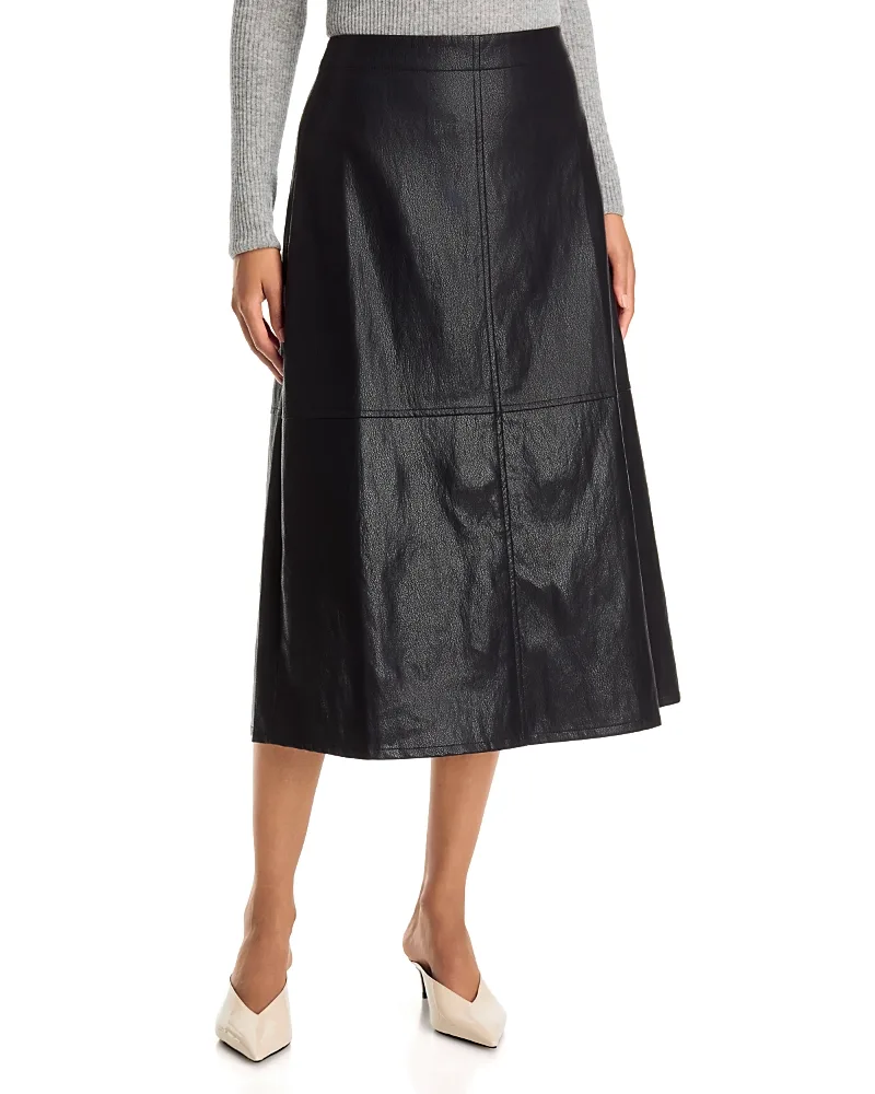 Faux Leather Seamed Midi Skirt by Single Thread