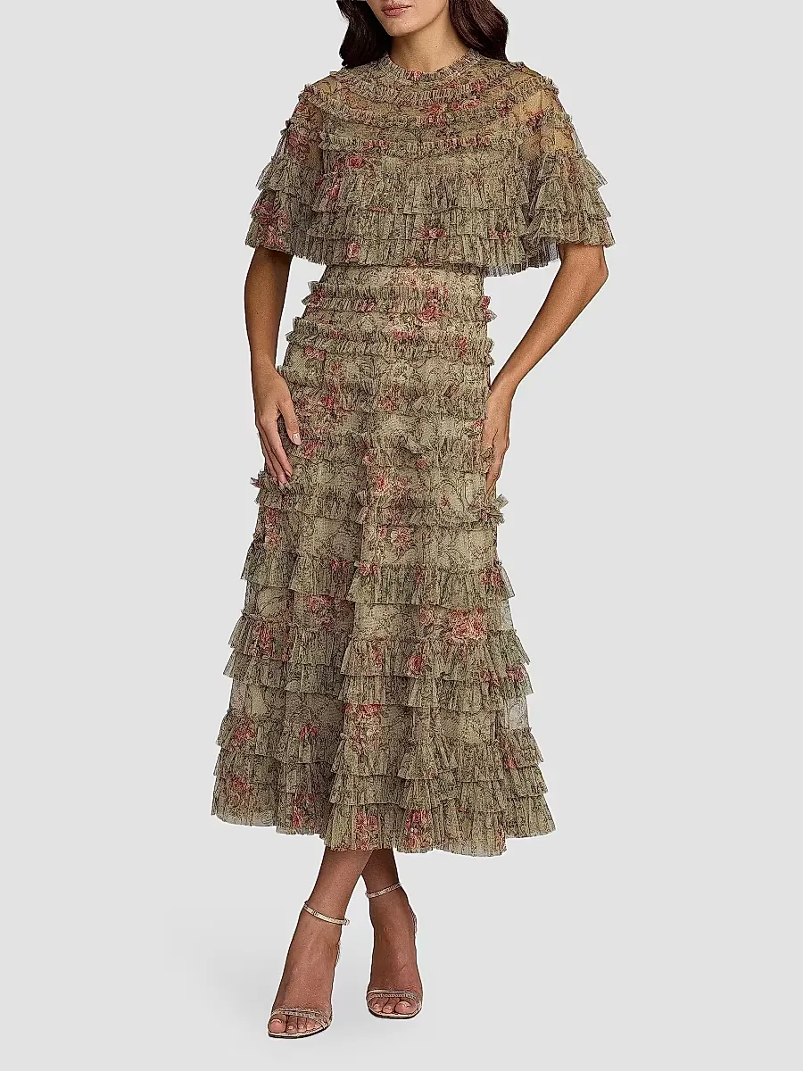 Floral Ruffled Mesh Cape Midi-Dress by M.A.C.