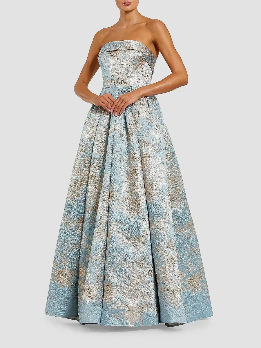 Cocktail Floral-Brocade Pleated Ballgown by M.A.C.