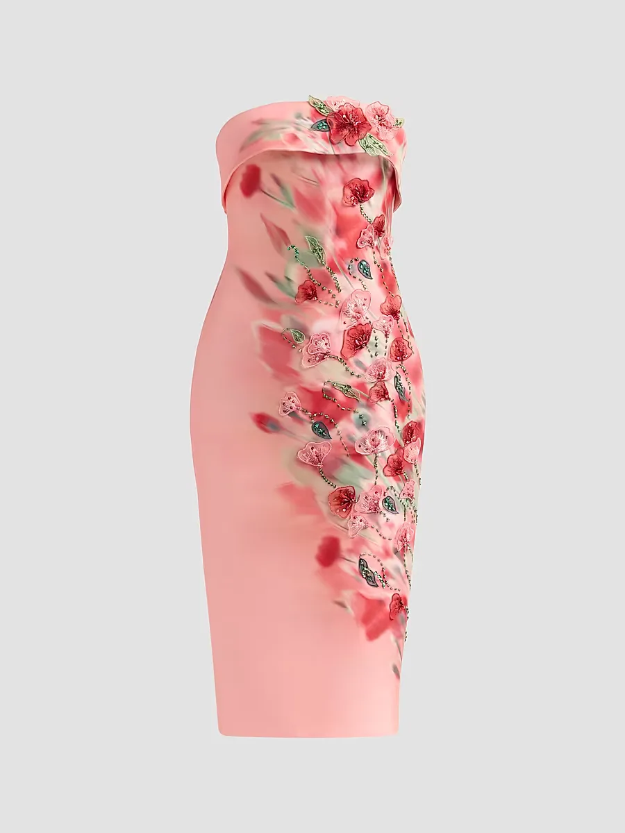 Floral-Embroidered Embellished Mikado Cocktail Midi-Dress by Badgley Mischka