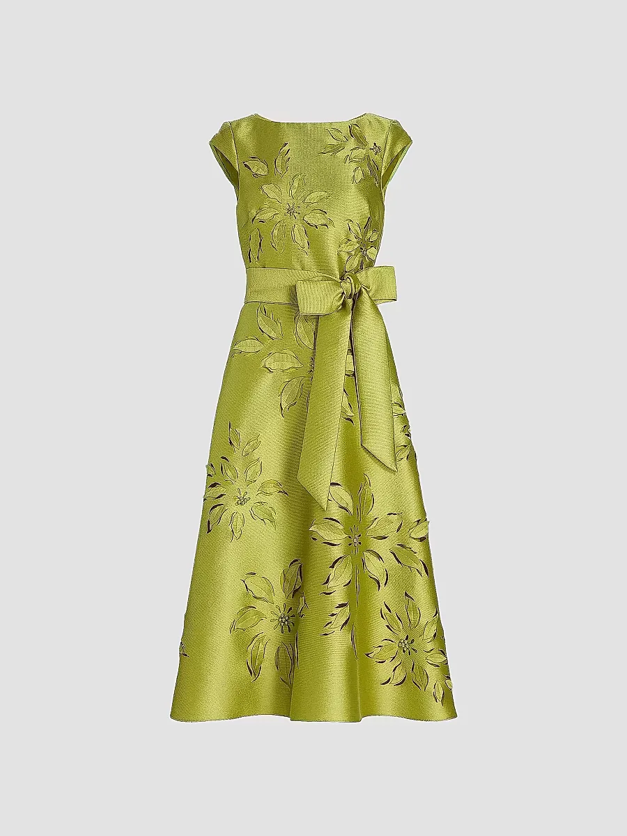 Lasercut Floral Tie Waist Midi-Dress by Badgley Mischka