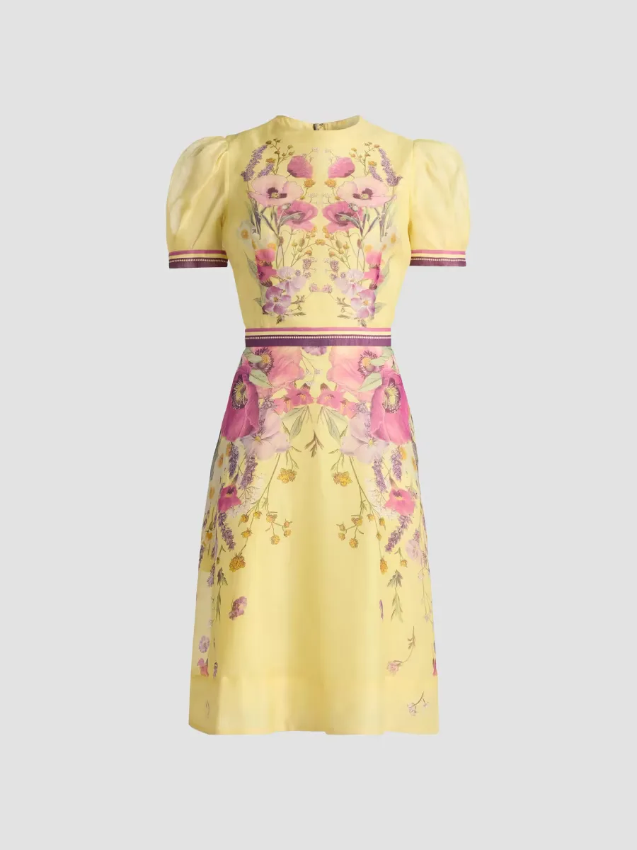 Floral Silk-Linen Knee-Length Dress by Teri Jon