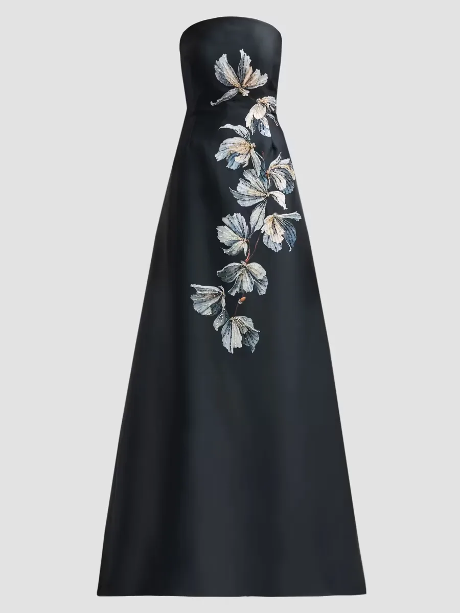 Beaded Floral Mikado A-Line Gown by Teri Jon