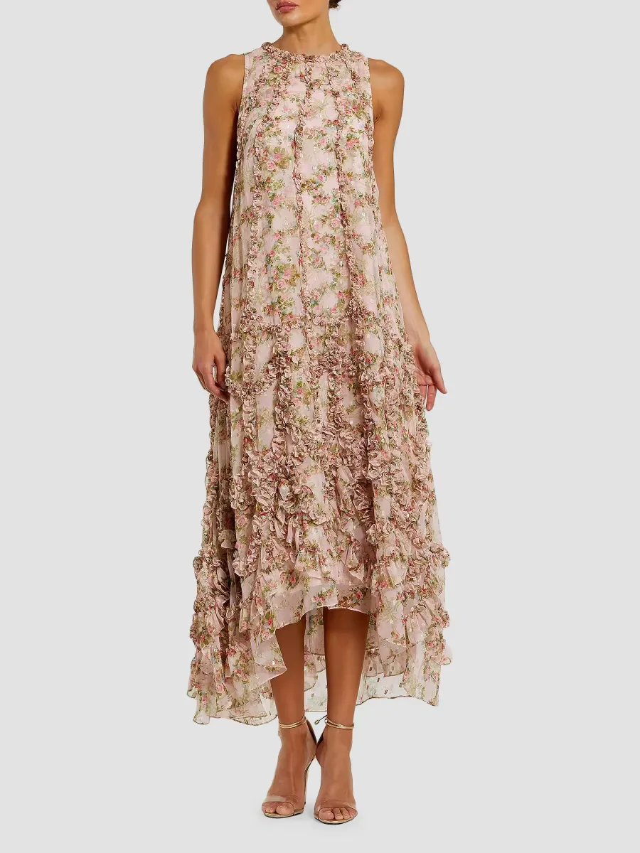 Mac Duggal Cocktail Floral Ruffled Sleeveless High-Low Gown