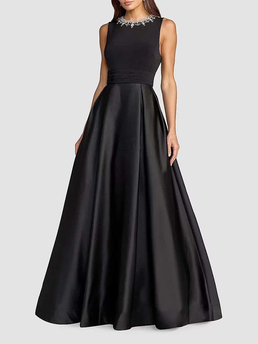 Mac Duggal Jersey Sleeveless Satin-Skirt Beaded-Neck Gown by M.A.C.