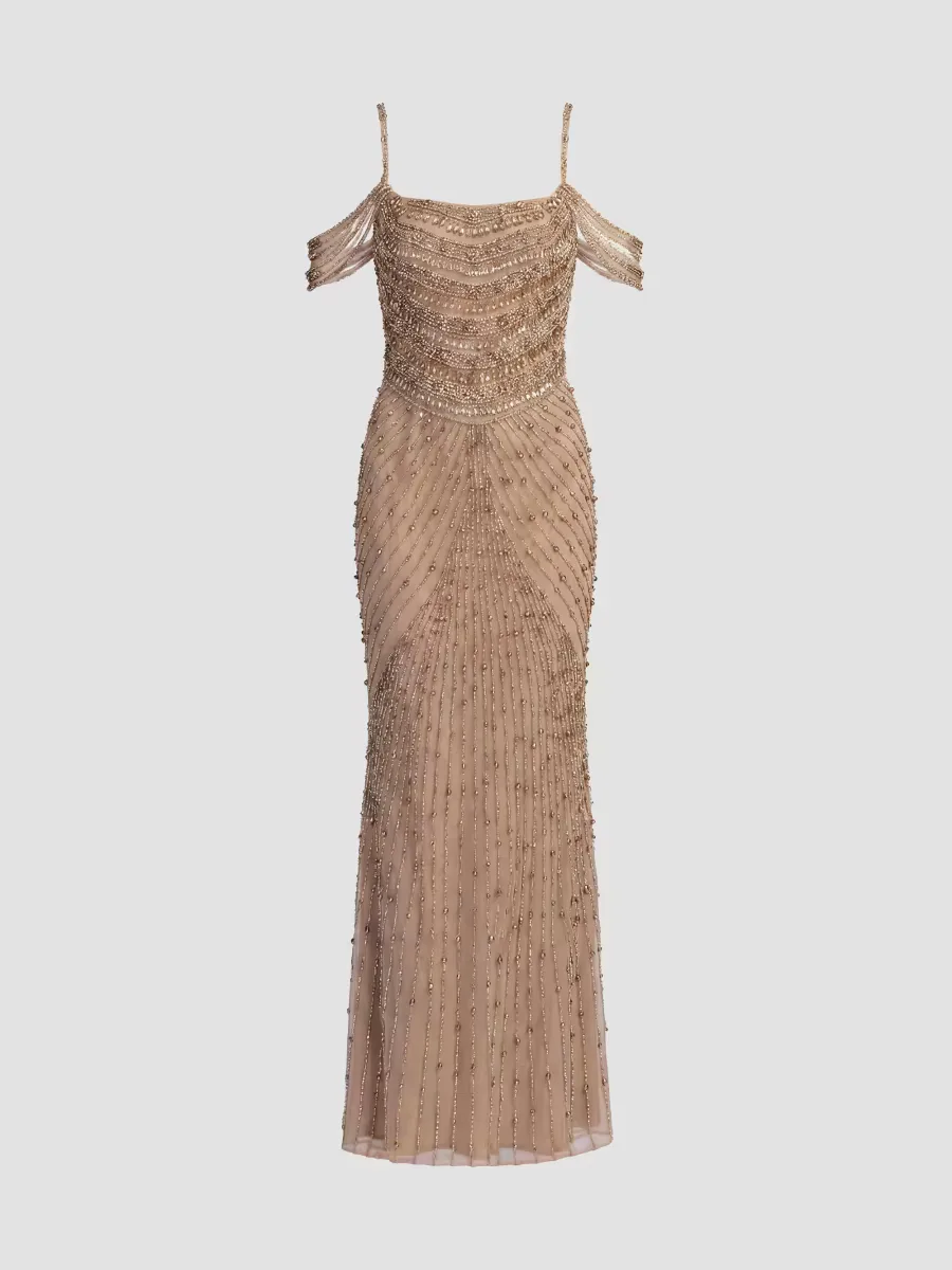 Mac Duggal Beaded Mesh Off-The-Shoulder Column Gown by M.A.C.