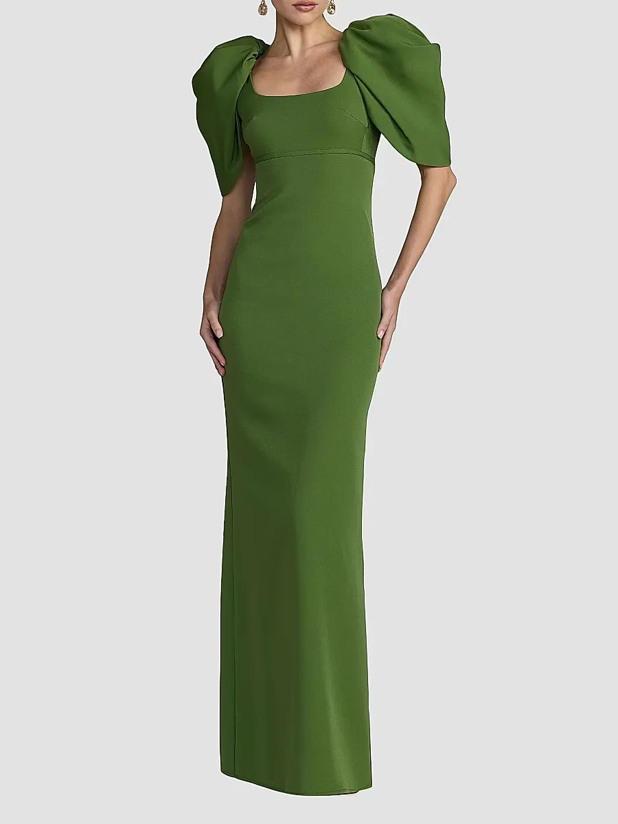 Mac Duggal Crepe Puff-Sleeve Column Gown by M.A.C.