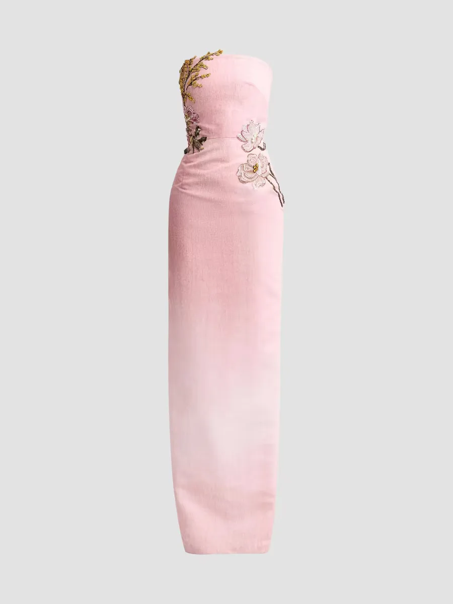 Strapless Faille Beaded Florals Gown by Oscar de la Renta