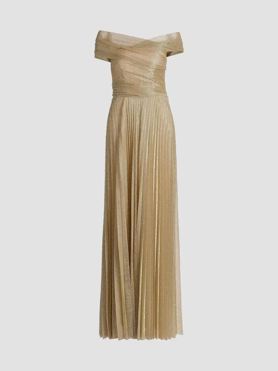 Metallic Pin Dot Off-The-Shoulder Gown