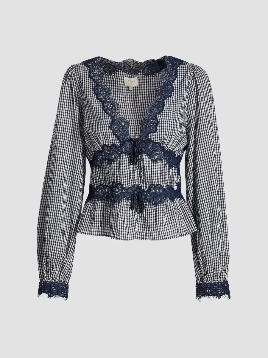 Veredi Gingham Lace-Trimmed Blouse by Cami NYC