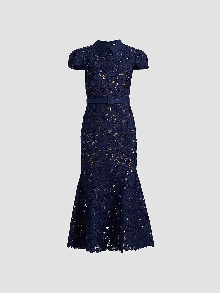 Guipure Lace Belted Midi-Dress