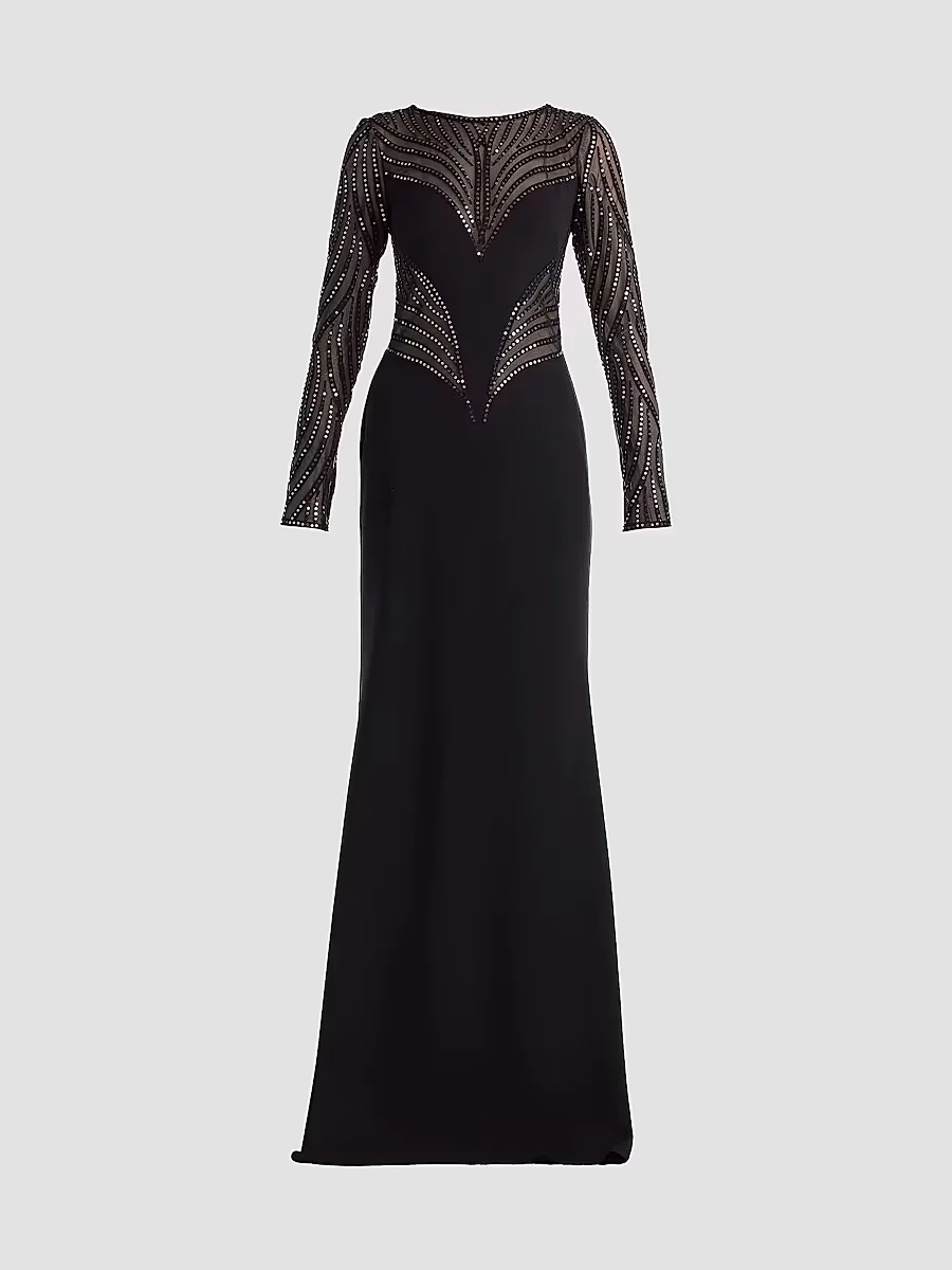 Tadashi Shoji Sequin-Embellished Long-Sleeve Crepe Gown by Tadashi