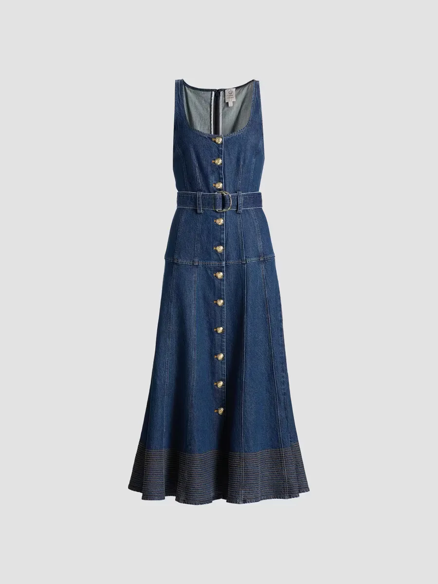 Kehlani Denim Belted Midi-Dress