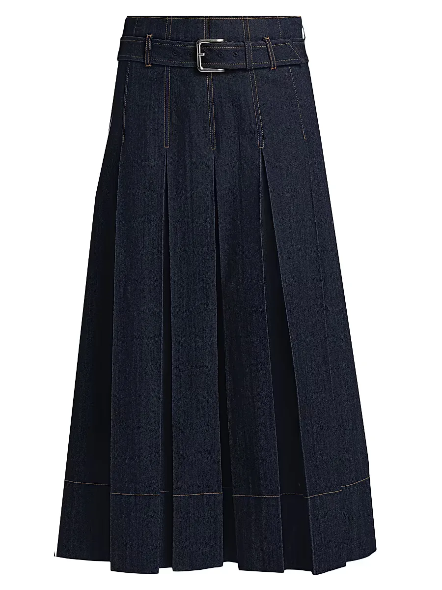 Rylee Pleated Denim Belted Maxi-Skirt by Cinq  Sept