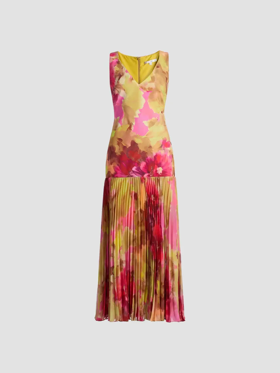 Floral Pleated Dropwaist Cocktail Dress by Badgley Mischka