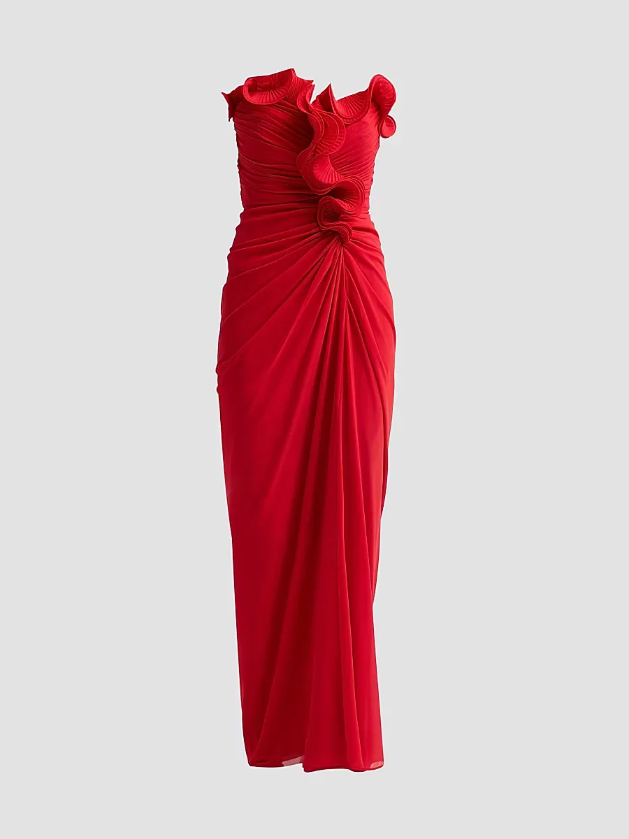 Pleated Ruffle Chiffon Column Gown