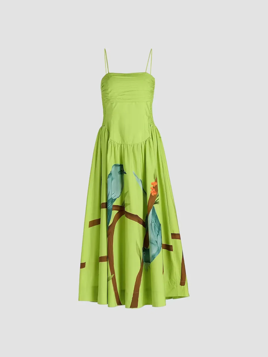 Bird Print Poplin Tea-Length Dress by FARM Rio