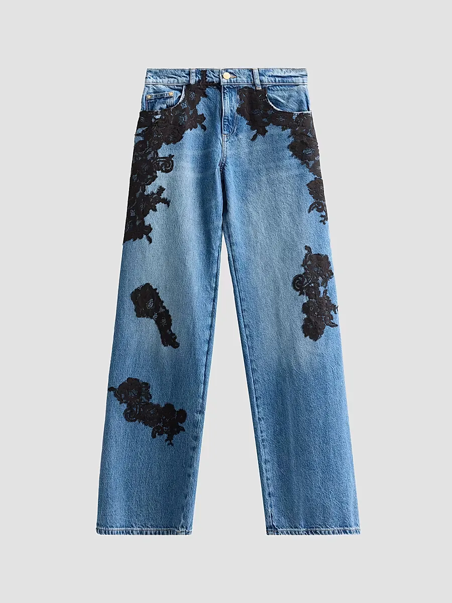 Bambie Lace Appliqué Straight Jeans by LoveShackFancy
