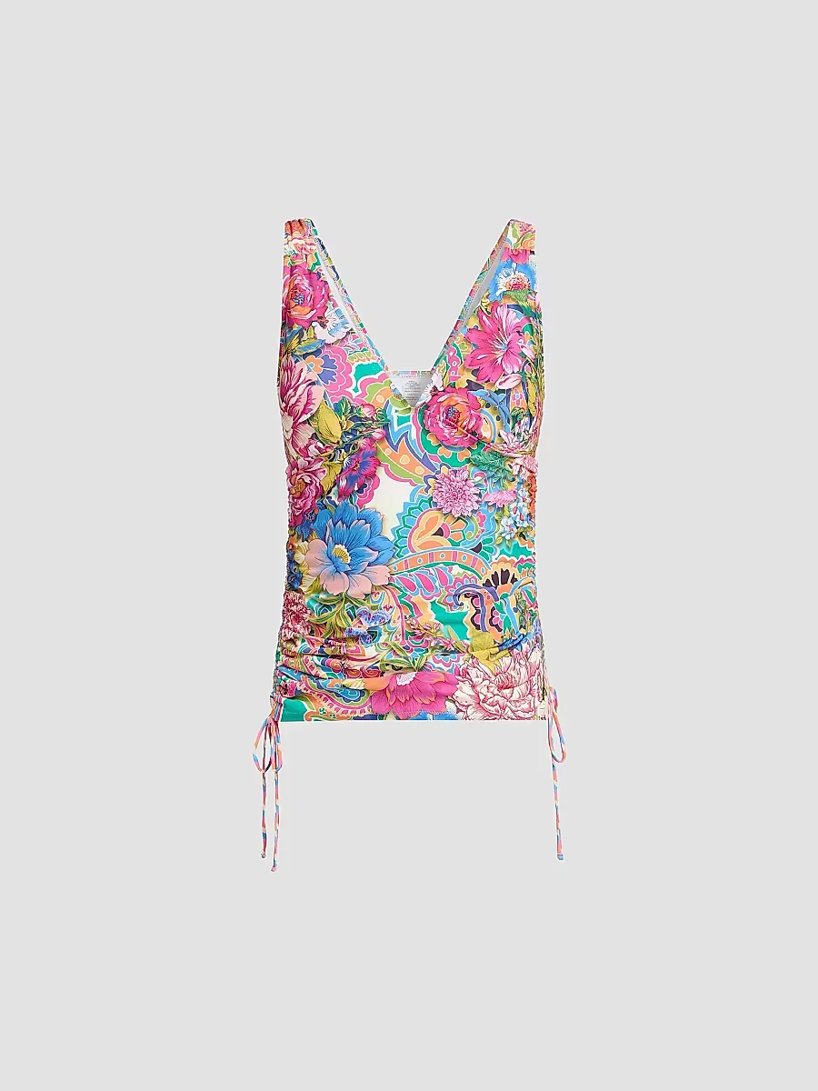 Crispire Print Drawstring Ruched Tankini Top by Johnny Was