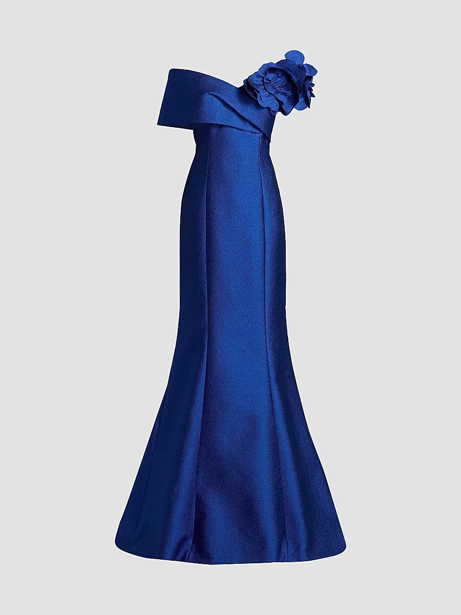 Teri Jon by Rickie Freeman Flower Off-Shoulder Jacquard Gown