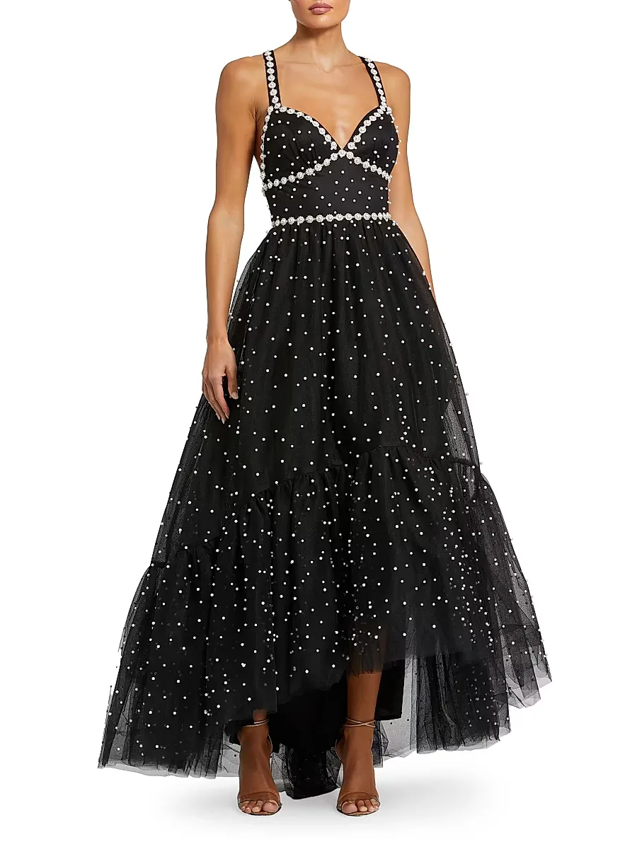 Mac Duggal Tulle Faux-Pearl High-Low Gown by M.A.C.