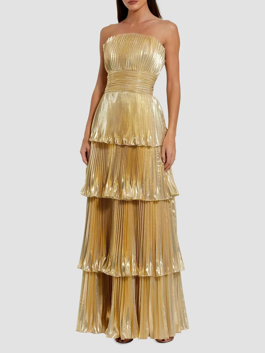 Mac Duggal Metallic Pleated Strapless Tiered Gown by M.A.C.