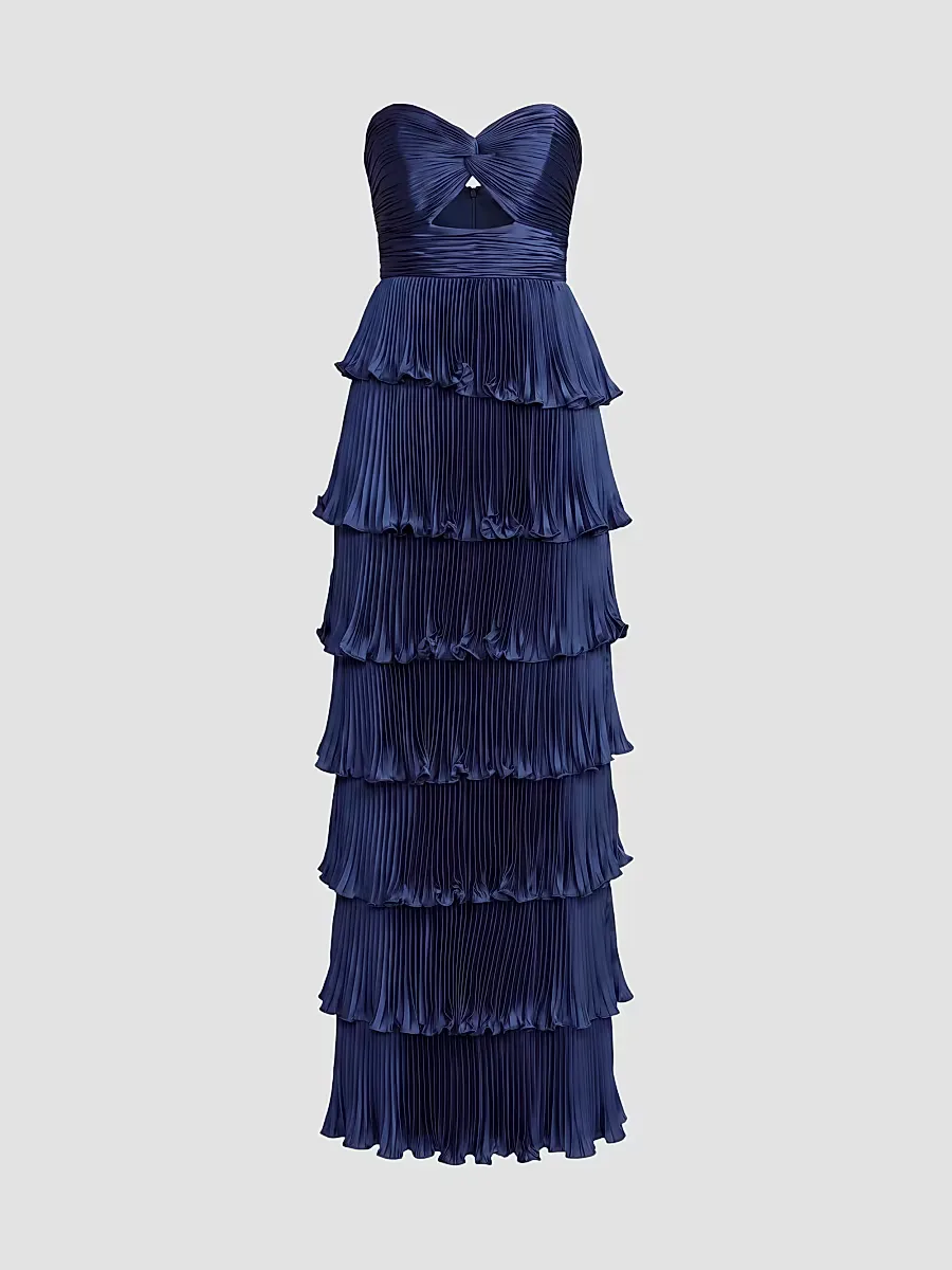 Mac Duggal Ieena Pleated Charmeuse Strapless Tiered Ruffle Gown by M.A.C.