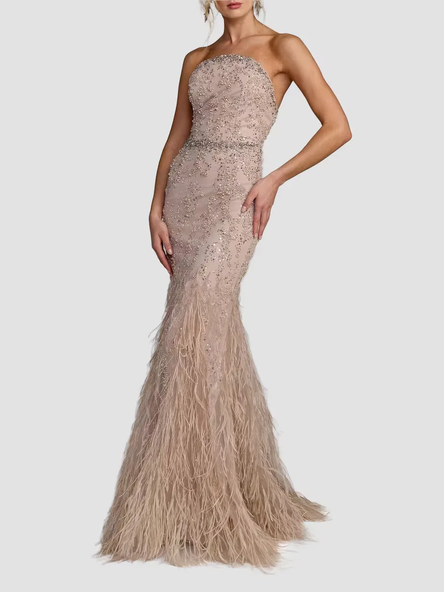 Mac Duggal Feather-Trimmed Embellished Mermaid Gown