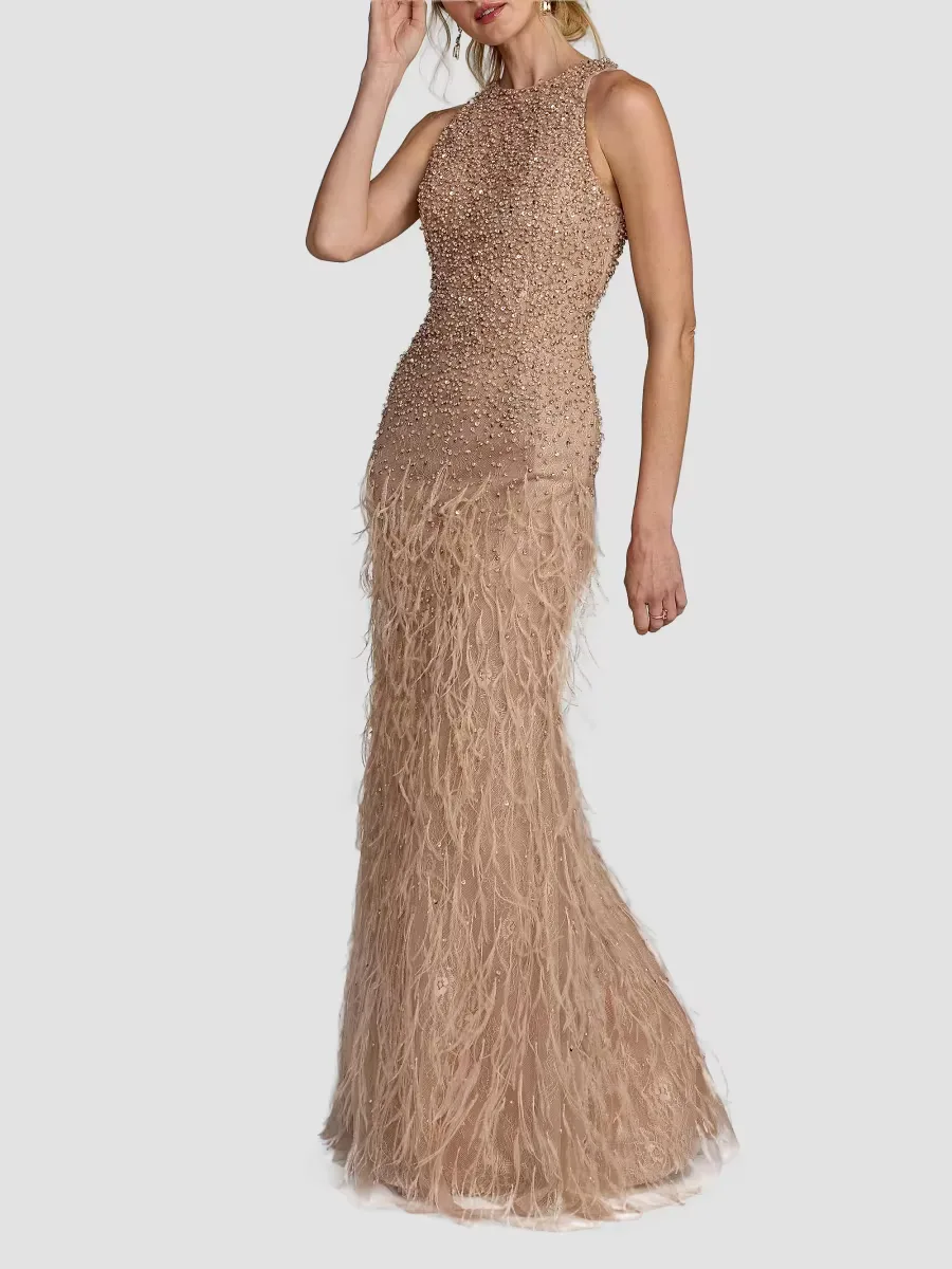 Mac Duggal Beaded Feather-Trimmed Gown by M.A.C.